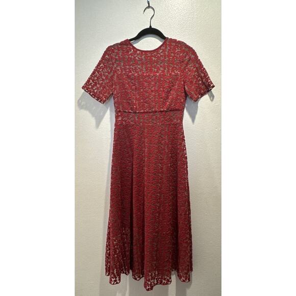 ERIN By Erin Fetherston Women’s Size 0 Red Lace Nora Illusion Dress Short Sleeve - Picture 1 of 11